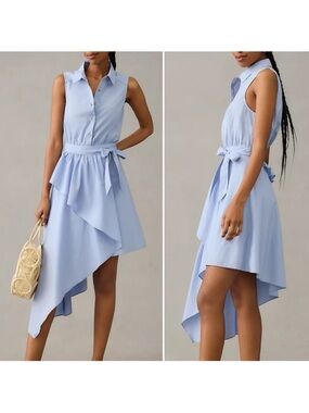 Anthropologie Maeve Sleeveless Asymmetrical Shirt Dress Tie Waist Light Blue 12